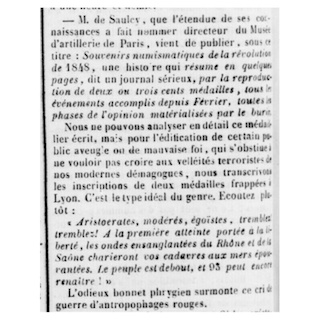 Commentaire de la médaille reproduisant le serment de Chalier, La Gazette de Lyon, 16 janvier 1850