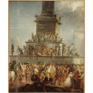 [Vignette] « Embrasement du trône de Louis-Philippe, place de la Bastille, le 24 février 1848 », huile sur toile anonyme